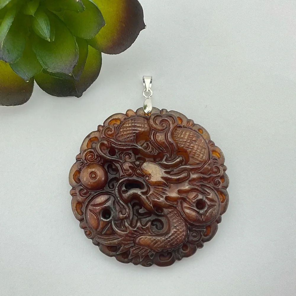 Jade Dragon Pendant, Handmade, Brown Jade, Lucky Stone, 18k Gold Plated Bail - Picture 11 of 11